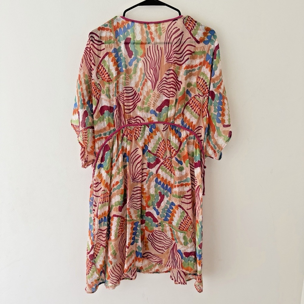 Plus Size Sheer Boho Tunic Dress 1X Abstract Colorful Tropical Cover Up Kaftan - Picture 2 of 8